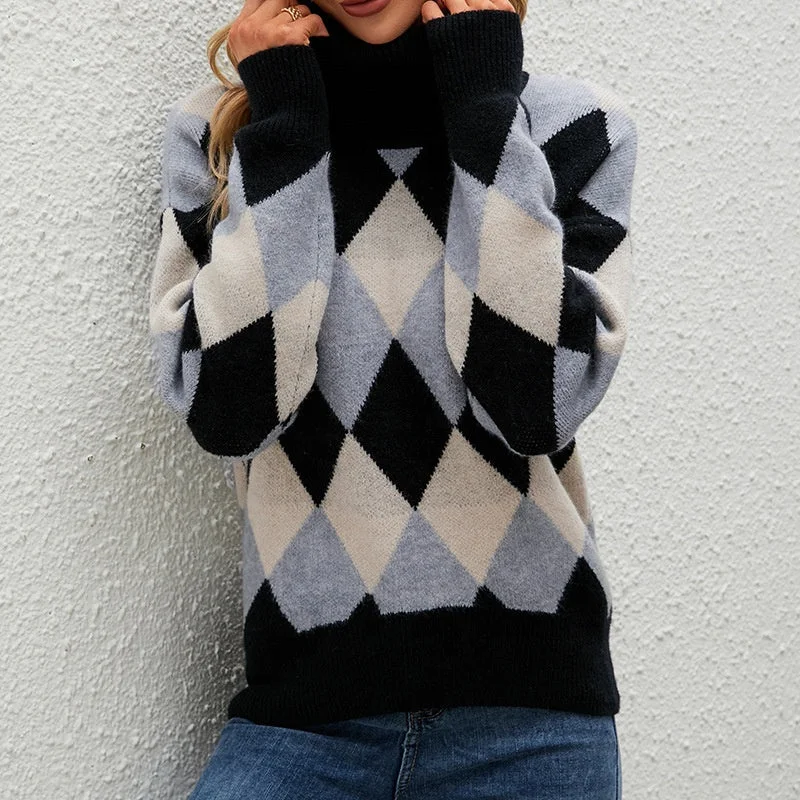 2022 New Autumn And Winter Sweaters Loose Large Size Lapel Plaid Colorblock Knitted Sweater For Women