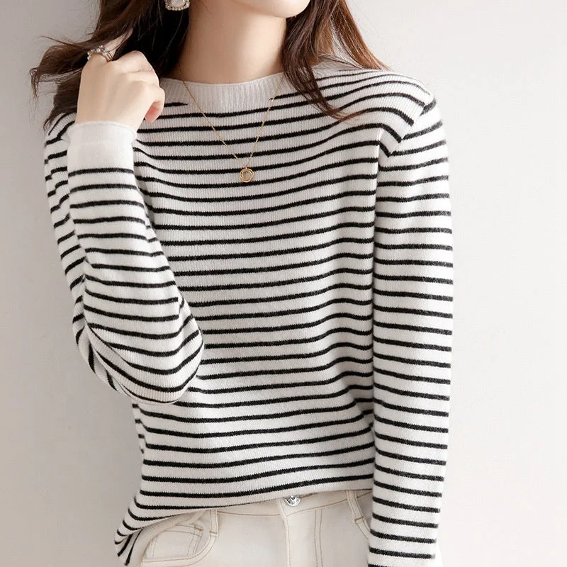 2022 Sweater Women's Long-Sleeved Round Neck Loose Color Matching Base Shirt Wholesale