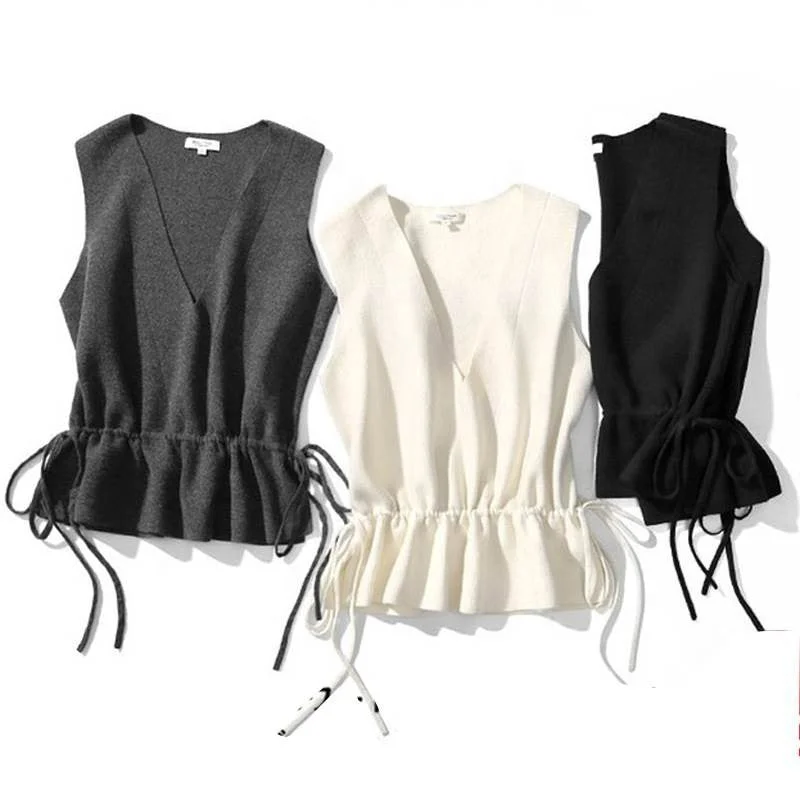 2022 Vest Women's Short V-Neck Waist Trimming Knitted Korean Style Sweater Fashion