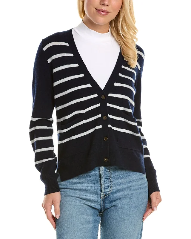 Amicale Cashmere Striped V-Neck Cashmere Cardigan