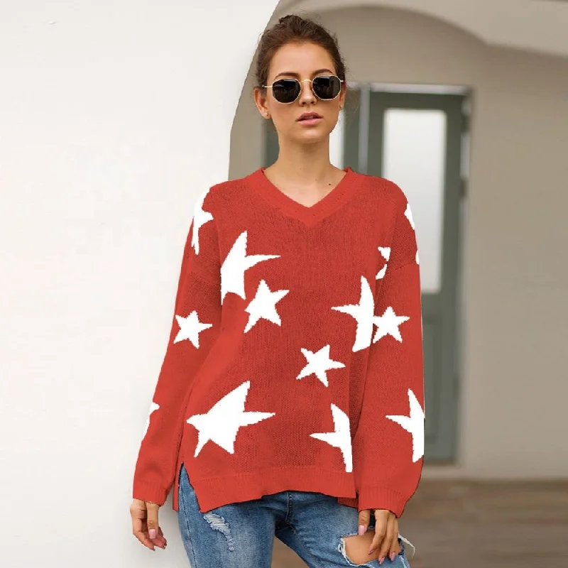 Casual V Neck Oversize Women Sweater One Shoulder Star Intarsia Perspective T-Shirt Full Of Stars Pattern Top Clothes