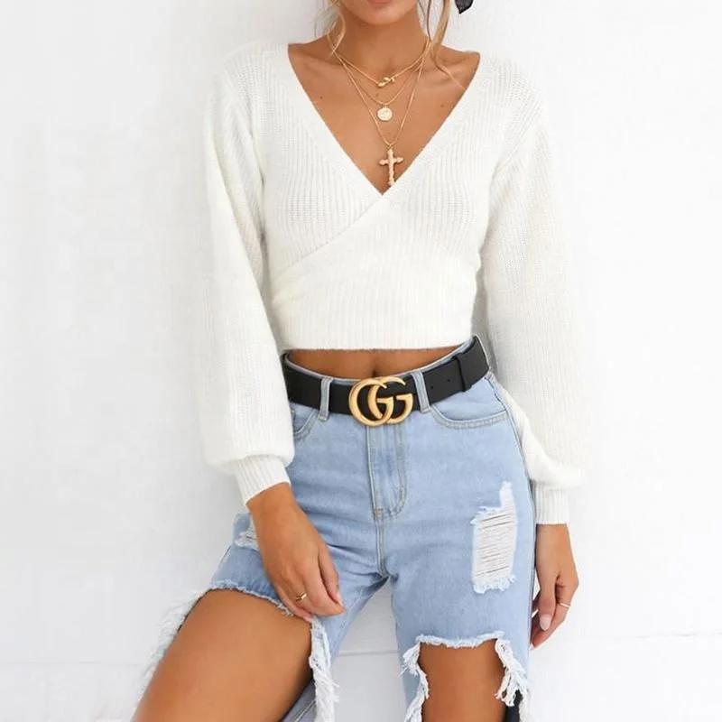 Jumper Sweaters Bulk Wholesale Fashion Latest Winter Design Long Lantern Sleeve Cotton Slim Deep V Sexy Women Sweater Crop Top