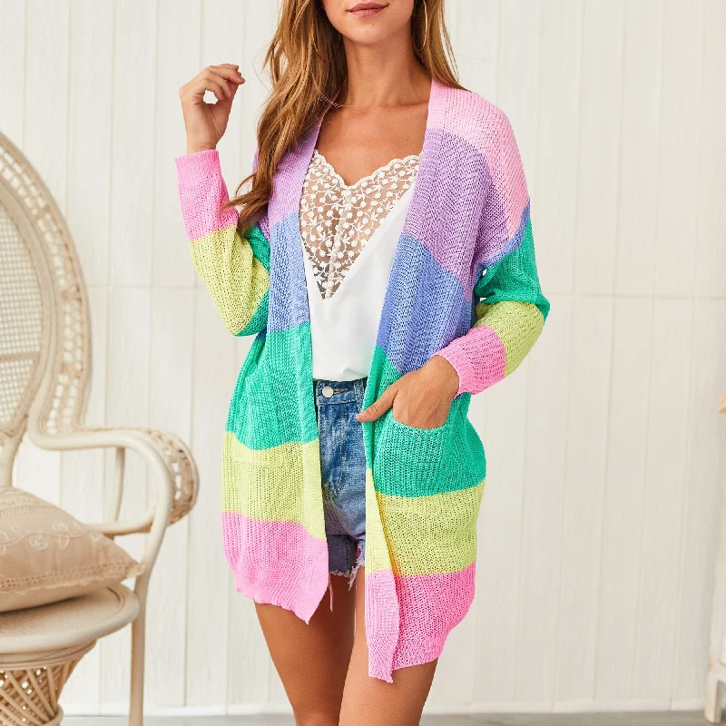 New Fancy Ladies Top Clothing Multicolor Striped Rainbow Long Knitted Sweater Cardigan