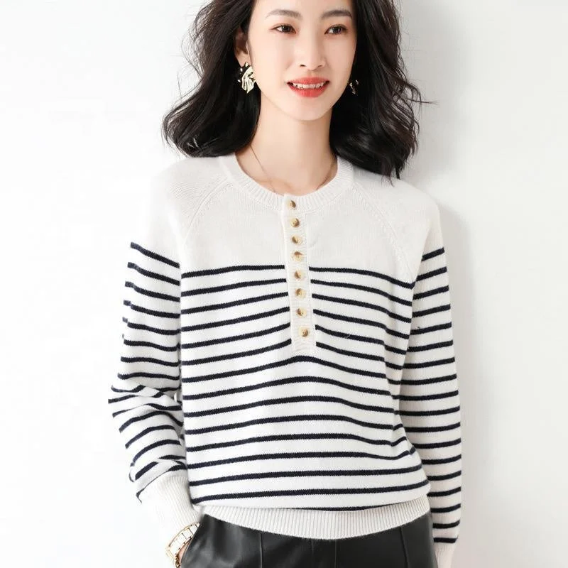 Women's Contrasting Color Striped Sweater Half High Neck Long Sleeve Base Shirt