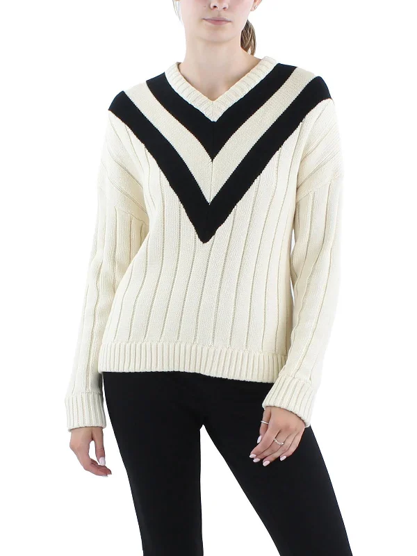 Womens Striped Knit V-Neck Sweater