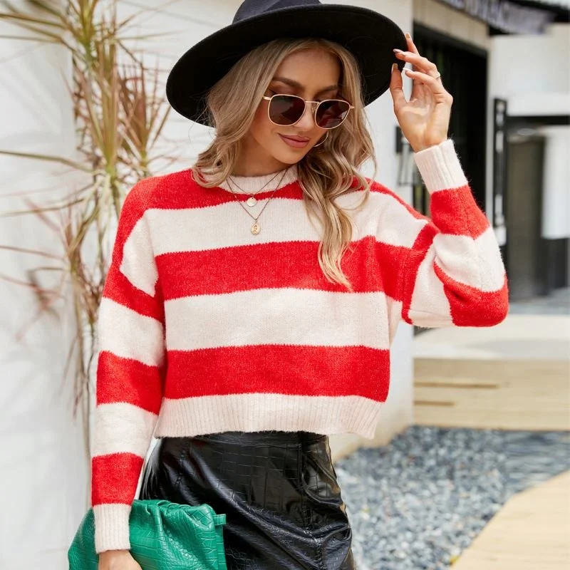 Women's Top Short Round Neck Knitwear Outer Wear Striped Contrast Color Mohair Sweater