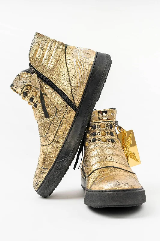 MENS MID TOP BIKER SHOES IN CRACKLED GOLD LEATHER WITH CRYSTALS AND STUDS