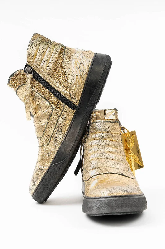 MENS MID TOP BIKER SHOES IN CRACKLED GOLD LEATHER WITH CRYSTALS