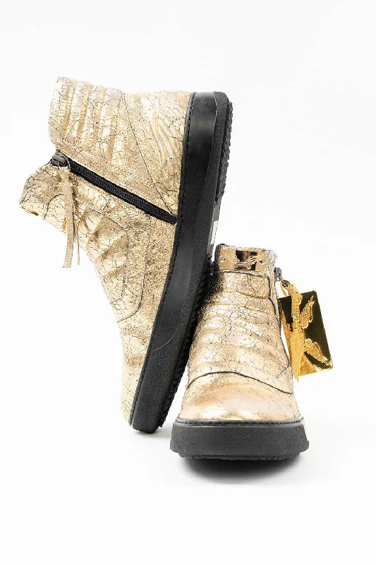 MENS MID TOP BIKER SHOES IN CRACKLED GOLD