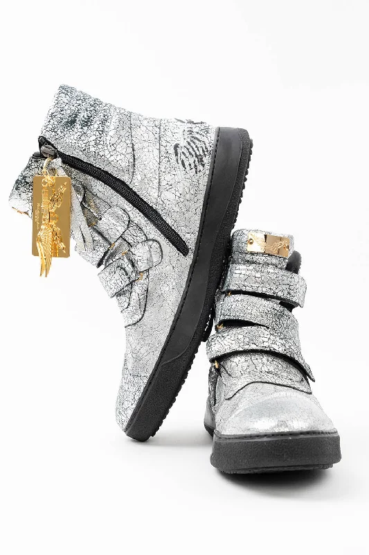 MENS HIGH TOP VELCRO  SHOES IN CRACKLED SILVER