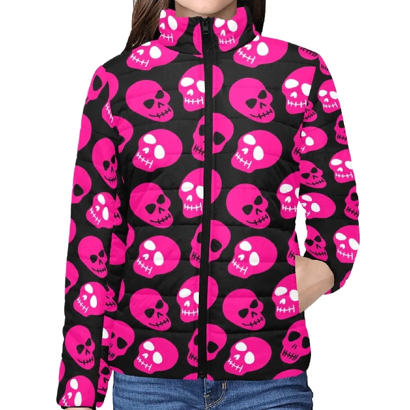 Bright Pink Skull Pattern Women's Stand Collar Padded Jacket