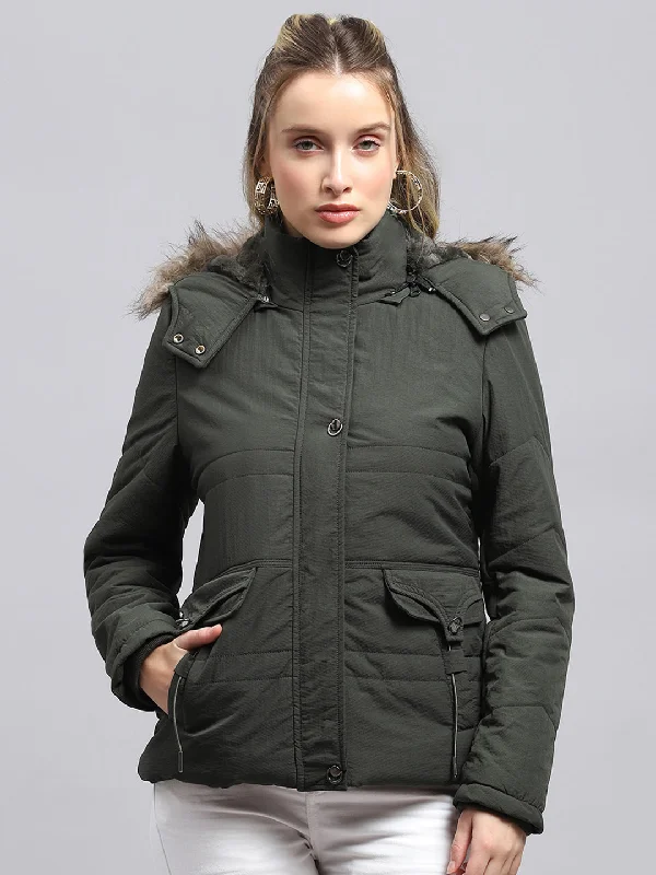 Women Green Solid Detachable Hood Full Sleeve Jacket