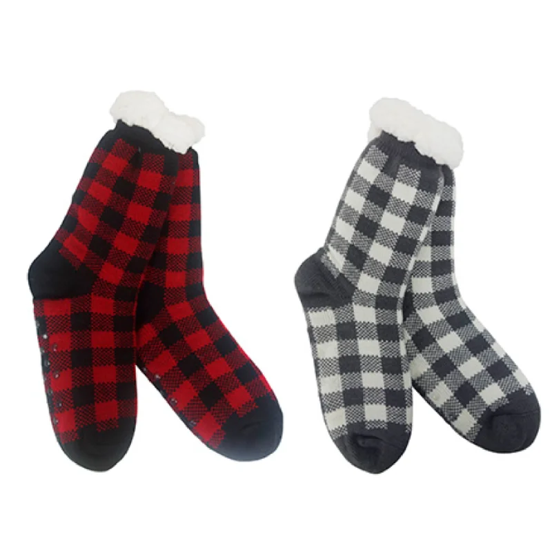 Men's Knit Thermal Slipper Socks with Gripping Soles Buffalo Plaid Pattern