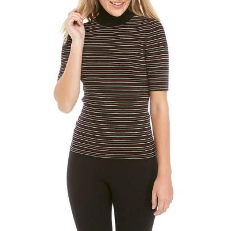 Anne Klein Women's Pinstripe 3/4 Sleeve Turtle Neck T-Shirt Top Black