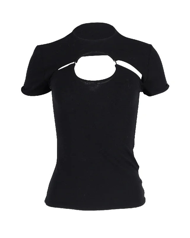 Balmain Cut Out T-shirt with Metal Ring in Black Cotton