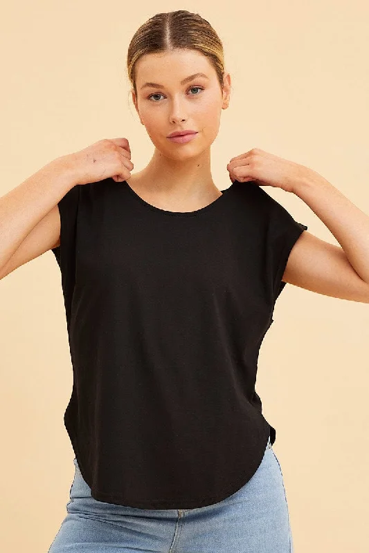 Black Relaxed T-Shirt Drop Shoulder Curved Hem Crew Neck