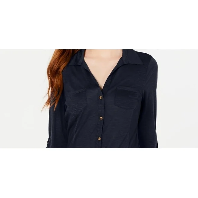 Crave Fame Juniors' Roll-Sleeve Button-Front-Shirt Navy Size Medium