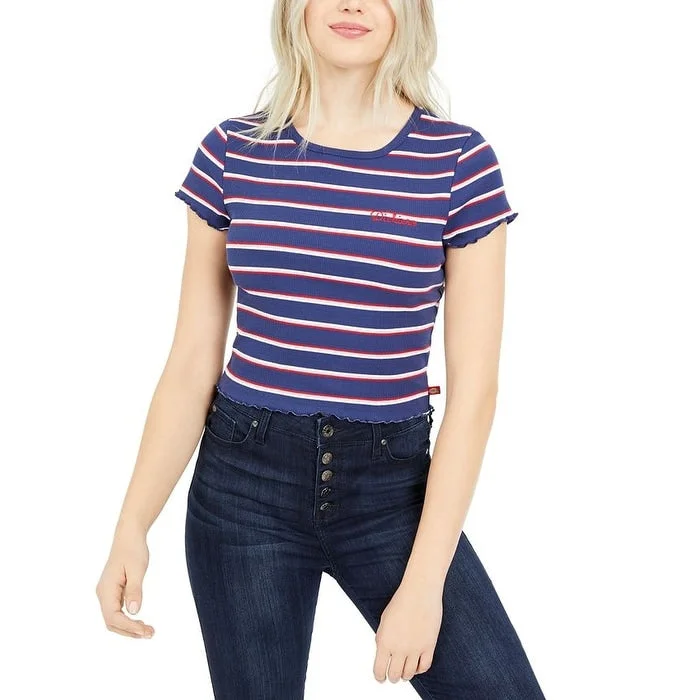 Dickies Women's Striped Baby T-Shirt Blue Size Large