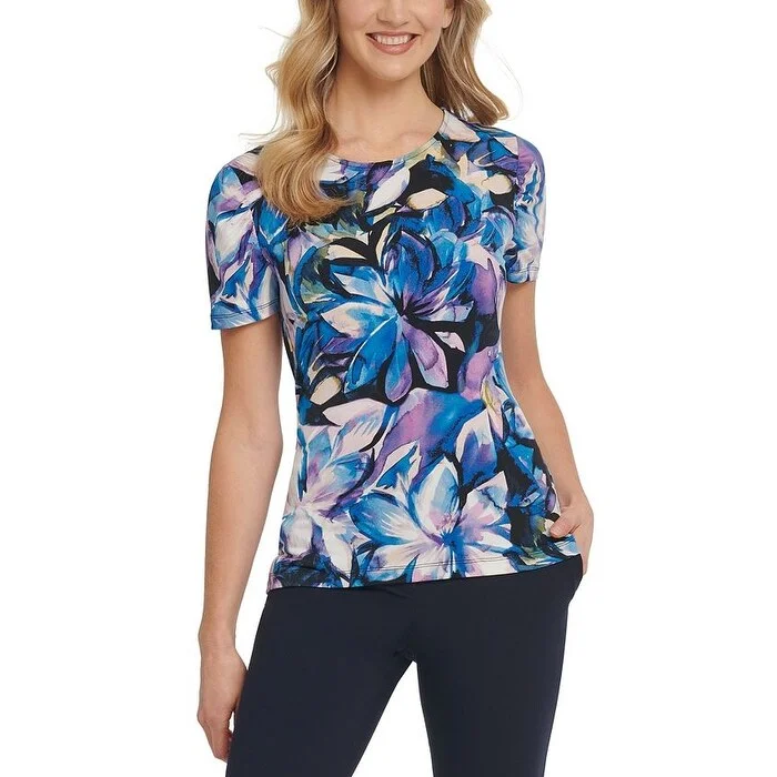 Dkny Women's Floral Puff Sleeves T-Shirt Blue Size X-Small