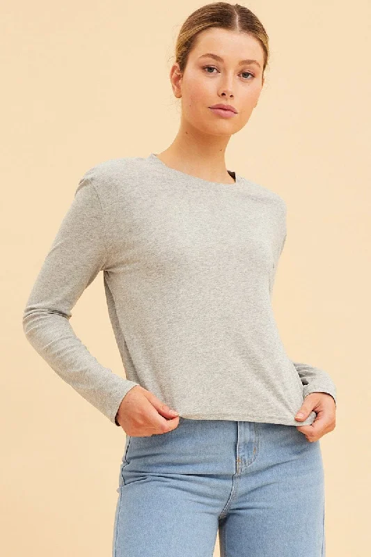 Grey Cropped T-Shirt Long Sleeve Crew Neck Cotton