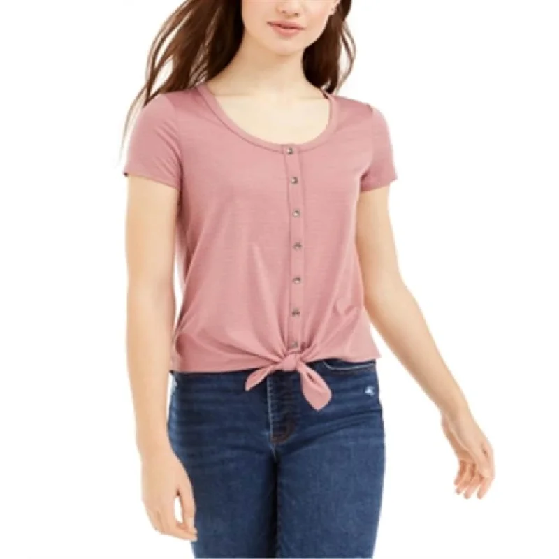 Hippie Rose Junior's Tie Front Pointelle T-Shirt -Pink Size Large