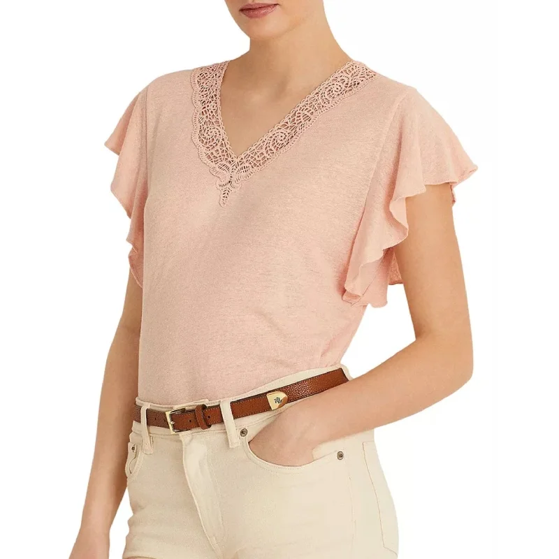 Ralph Lauren Women's Jersey Flutter Sleeve T-Shirt Pink Size Large