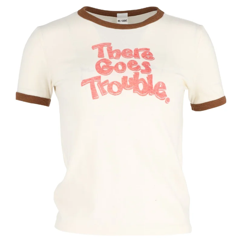 Re/Done 'There Goes Trouble' T-Shirt in Cream Cotton