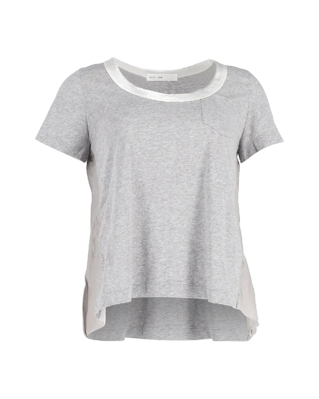 Sacai Luck Tulle-Lined and Satin-Paneled T-shirt in Grey Cotton