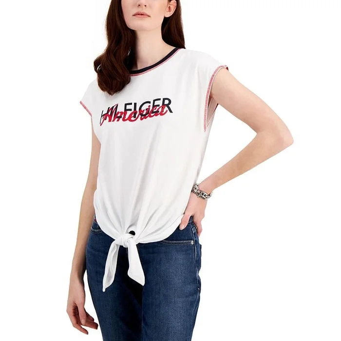 Tommy Hilfiger Women's Americana Tie Front T-Shirt White Size Medium