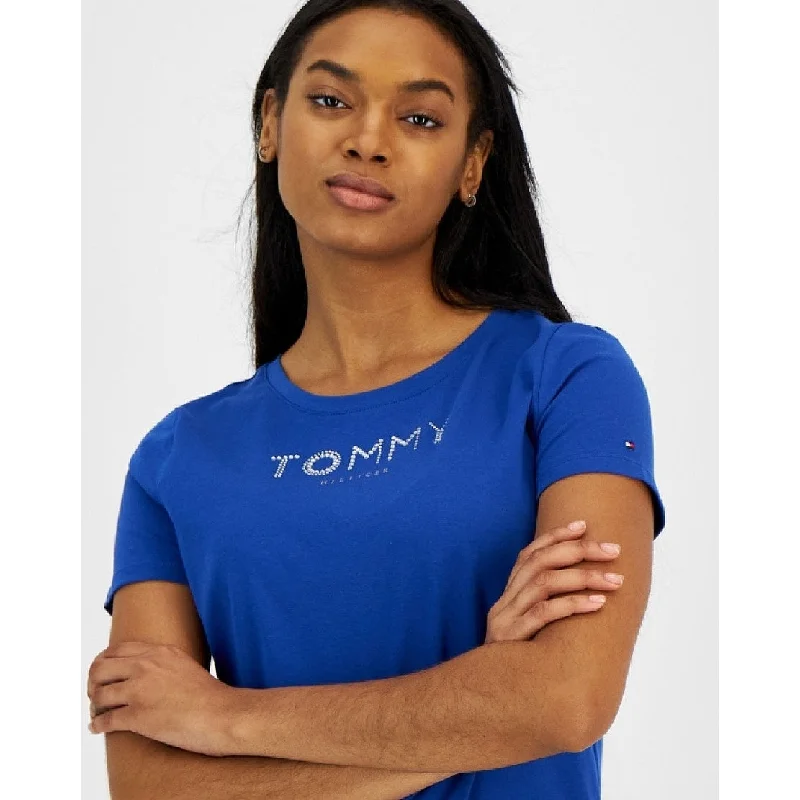 Tommy Hilfiger Women's Crew Neck Rhinestone Embellished T-Shirt Blue Size Xx-Large