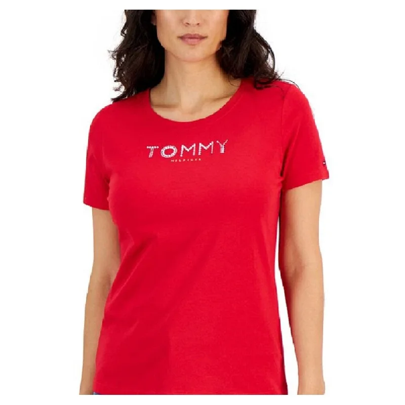 Tommy Hilfiger Women's Crew Neck Rhinestone Embellished T-Shirt Red Size X-Small