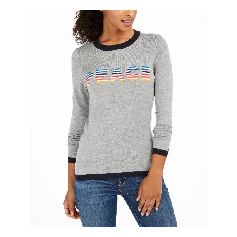 Tommy Hilfiger Women's Printed Long Sleeve Crew Neck T-Shirt Sweater Gray Size Large