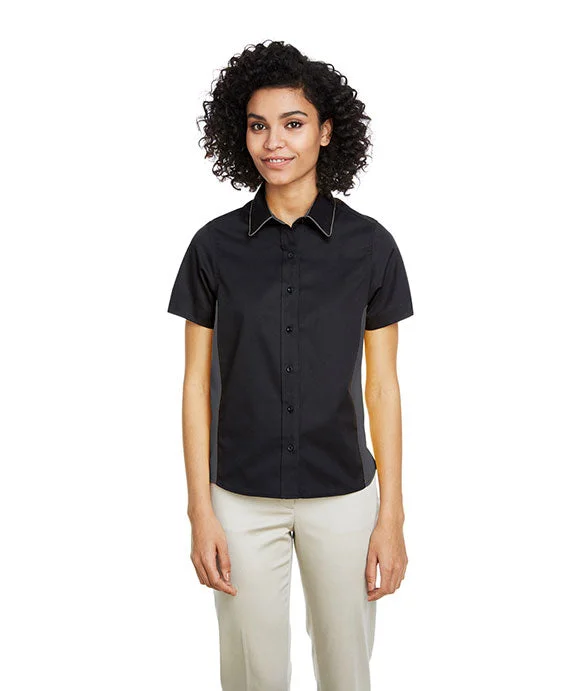 M586W - Harriton Ladies Flash IL Colorblock Short Sleeve Shirt | Black/Dark Charcoal