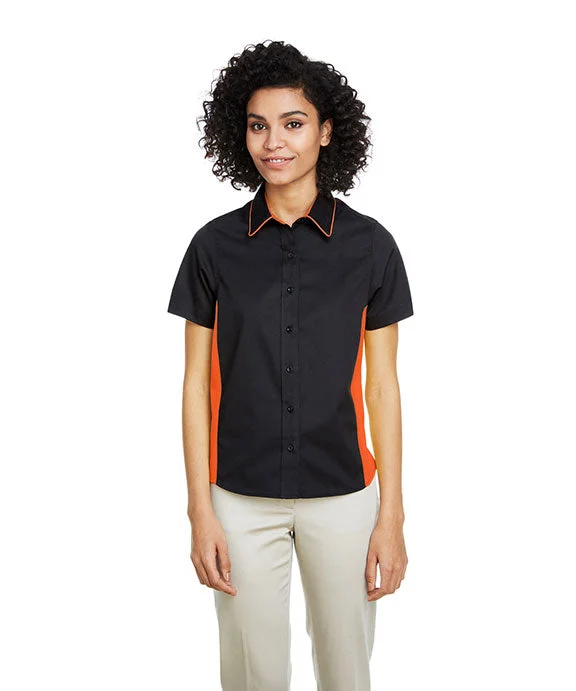 M586W - Harriton Ladies Flash IL Colorblock Short Sleeve Shirt | Black/Team Orange