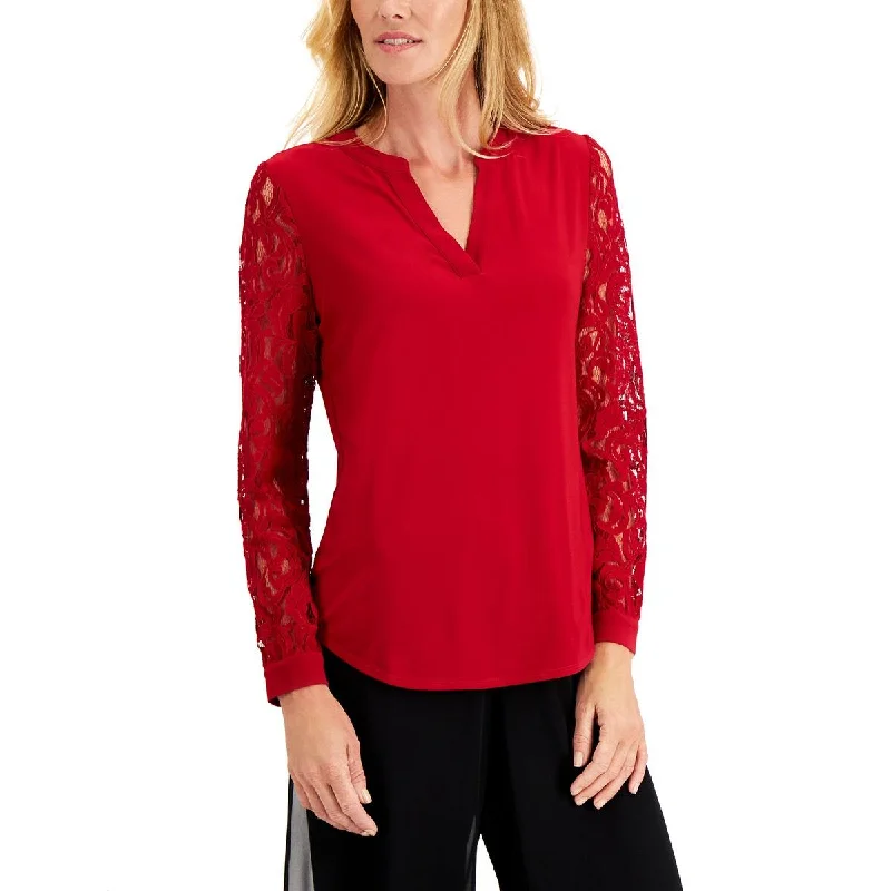 Kasper Womens Lace Inset Split Neck Blouse