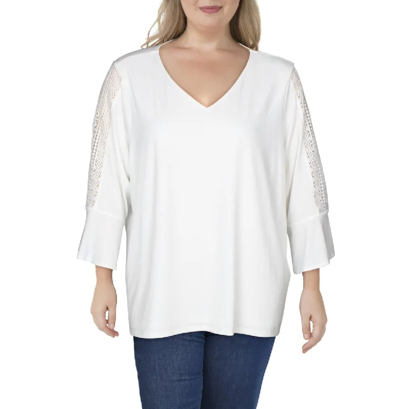 Kasper Womens Plus Knit Lace Inset Blouse