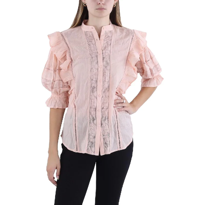 Lauren Ralph Lauren Womens Gathered Sleeves Crochset Button-Down Top