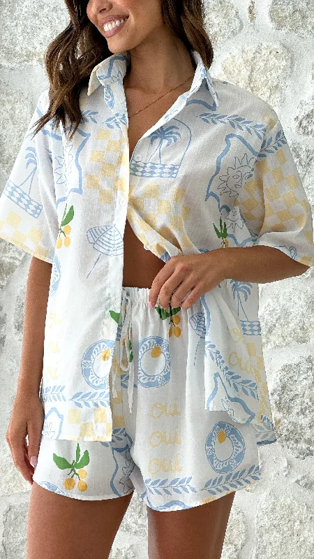 Charli Button Up Shirt and Shorts Set - Blue / Yellow Holiday Print