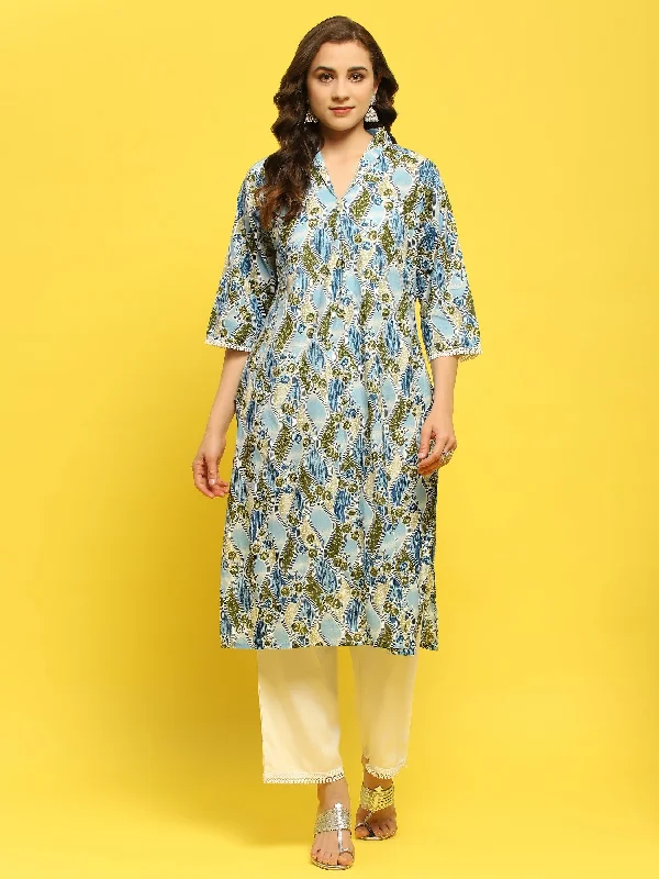 Women Cotton Blue Floral Print Kurta With Comfort Pant