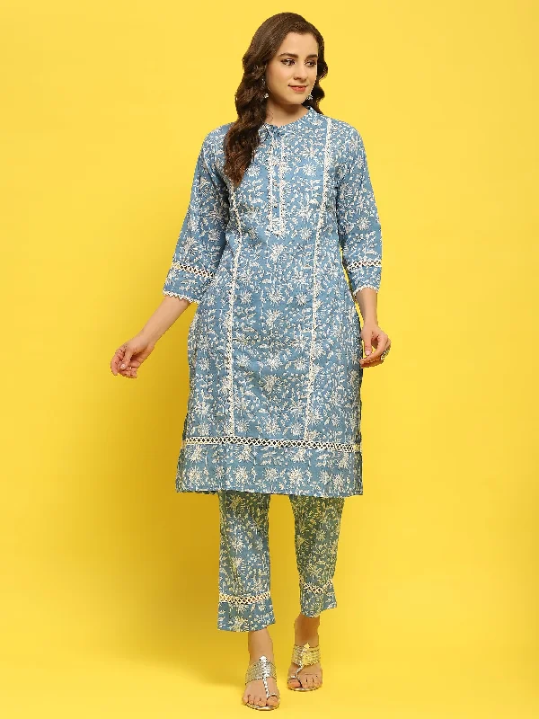 Women Cotton Blue Floral Print Kurta With Trouser