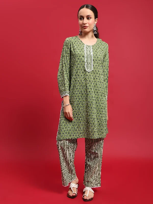 Women Cotton Green Floral Print Kurta With Comfort Pant