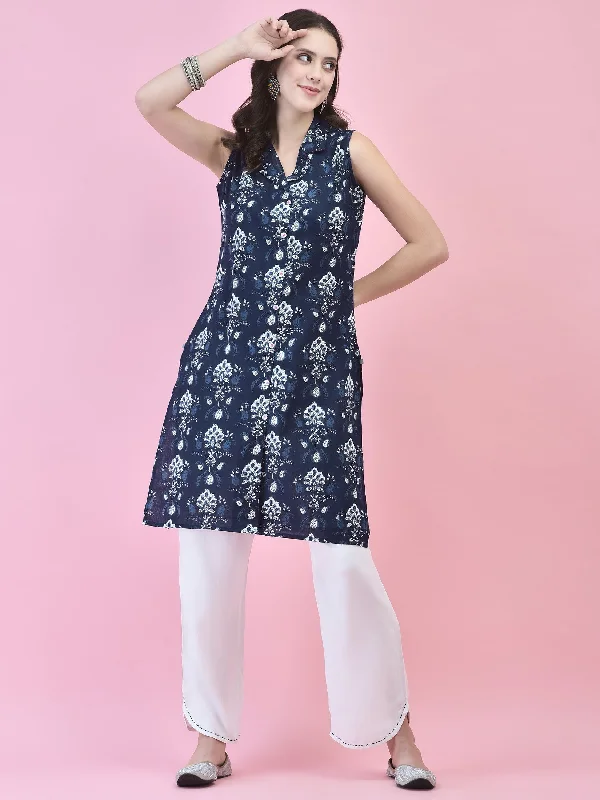 Women Cotton Indigo Floral Print Kurta With Comfort Pant