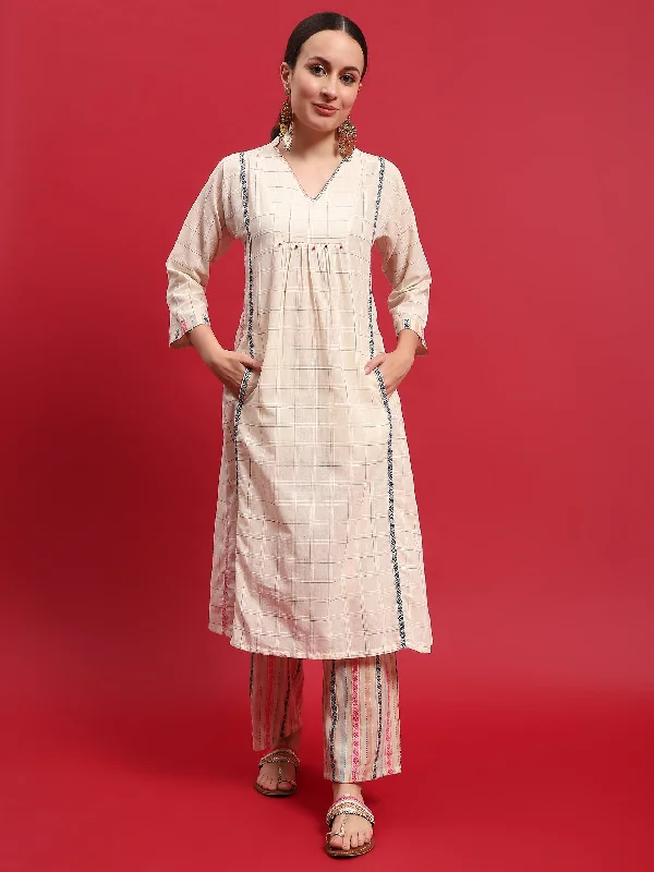 Women Cotton Off White Yarn Dyed Kurta With Comfort Pant