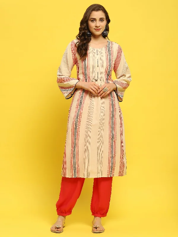 Women Cotton Off White Yarn Dyed Kurta With Harem Pant