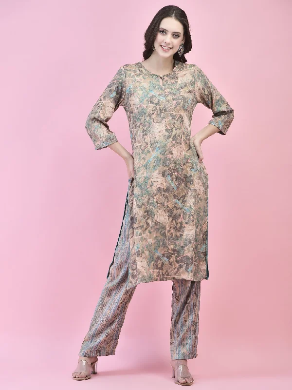 Women Liva Green Abstract Print Kurta With Comfort Pant