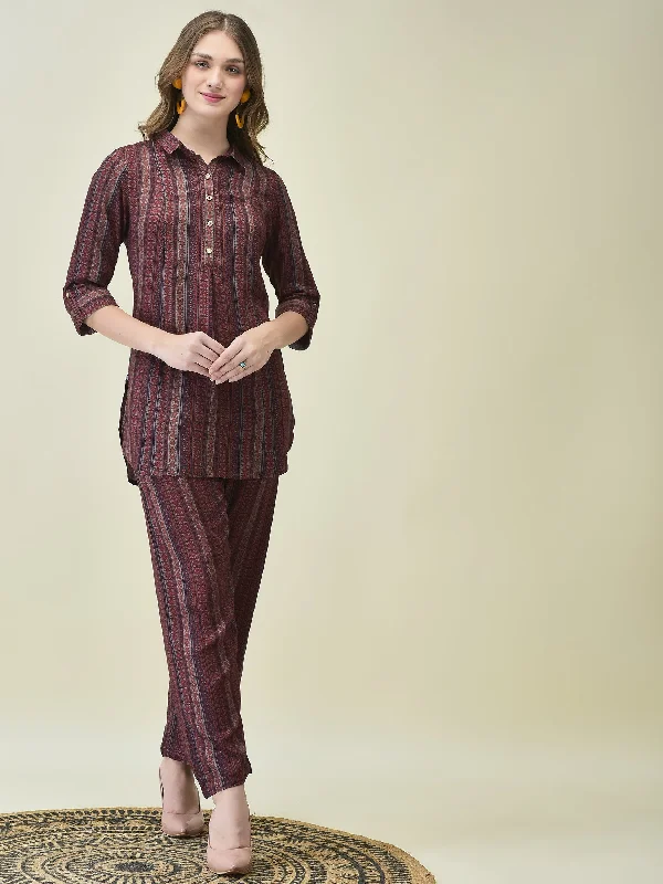 Women Liva Maroon Stripe Print Co-Ord Set