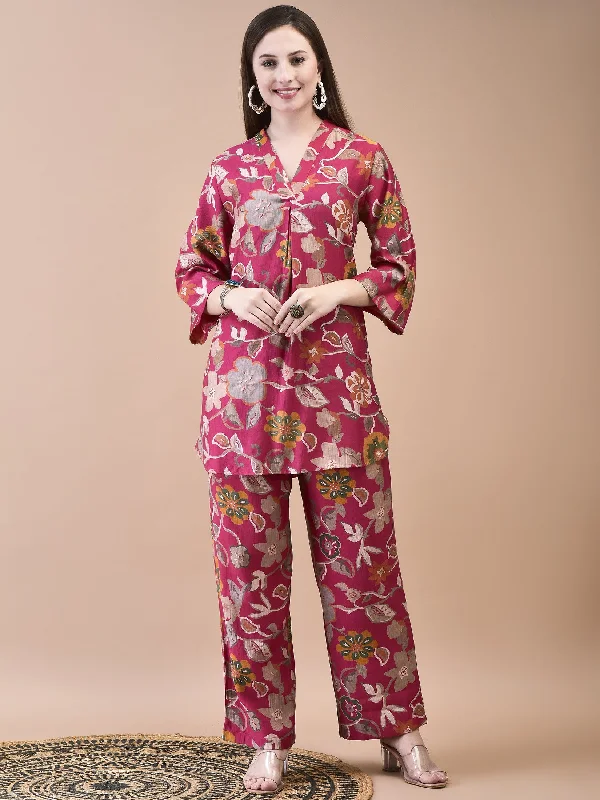 Women Liva Pink Floral Print Co-Ord Set