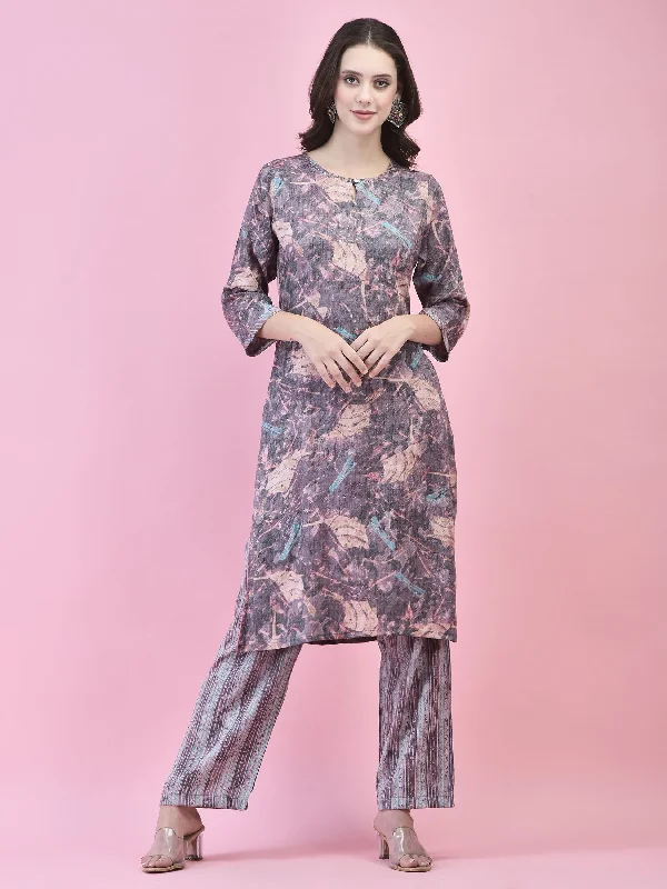 Women Liva Purple Abstract Print Kurta With Comfort Pant