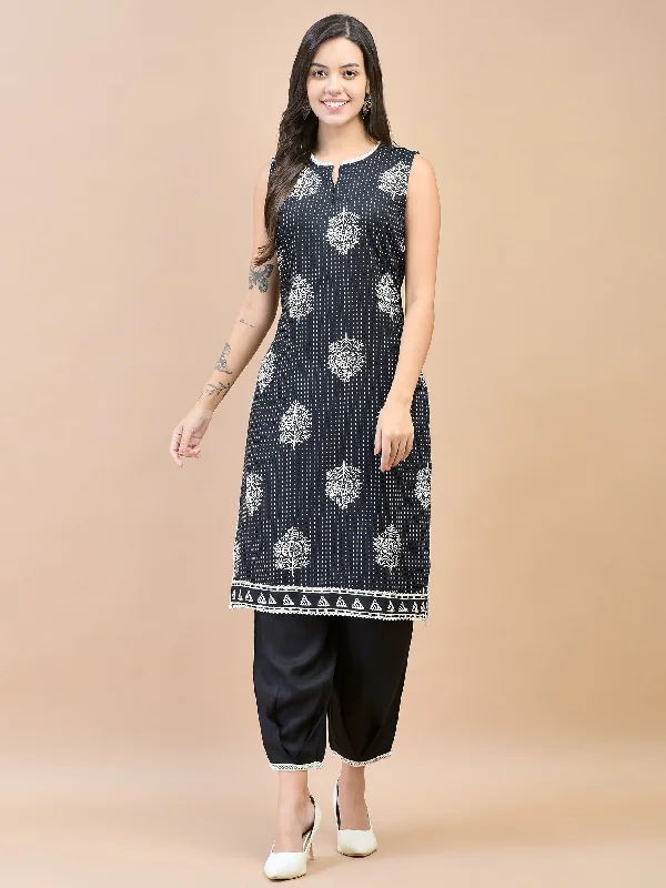 Women Liva (Rayon) Black Floral Print Kurta With Harem Pant