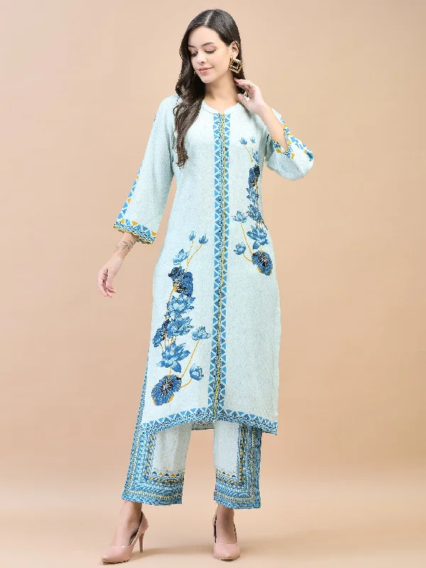 Women Liva (Rayon) Blue Floral Print Kurta With Comfort Pant